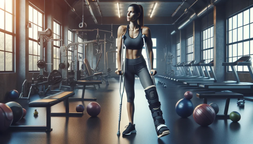 Woman in cast and on crutches at the gym | Why you should workout while injured | Tom Nikkola