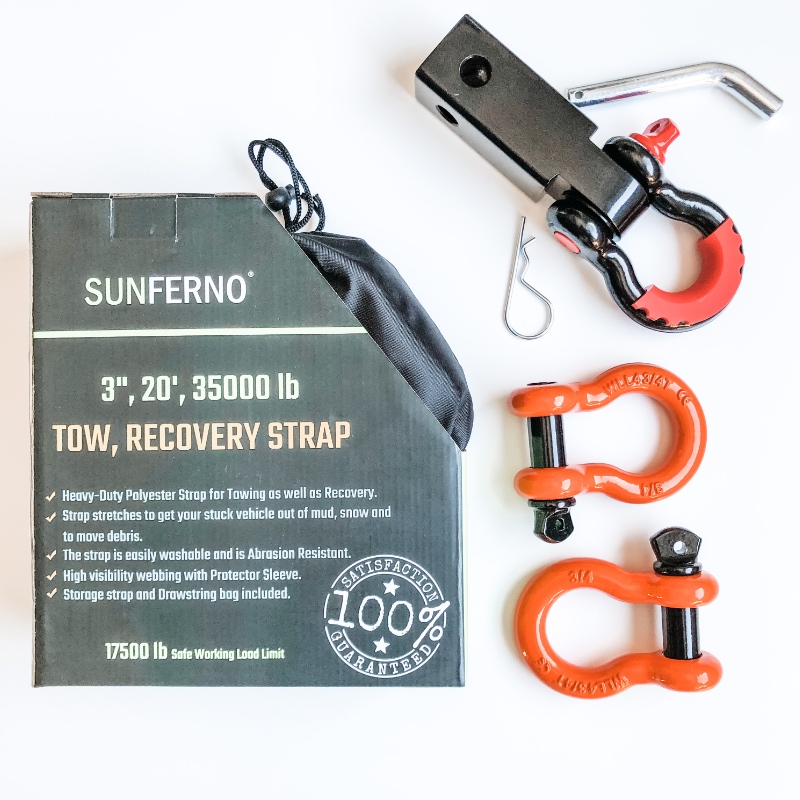 Liberrway Shackle Hitch Receiver, 2-Pack of Liberrway D-Ring Shackles, and Sunferno Tow Rope