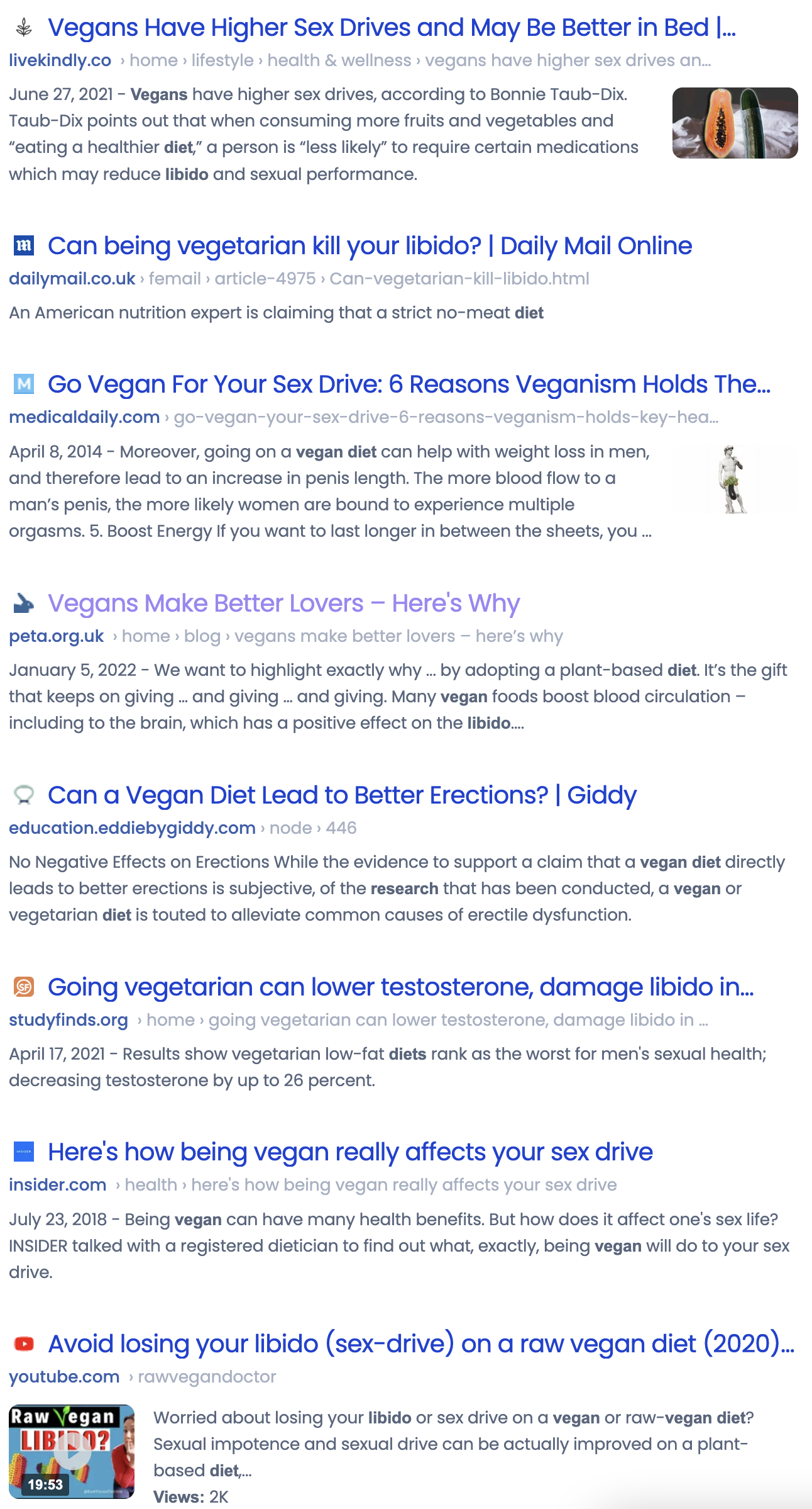 "Research vegan diet libido" search results on Brave browser