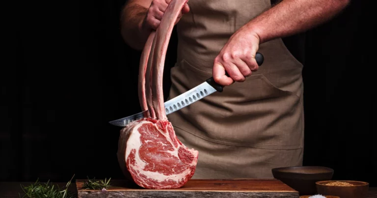 Man slicing tomahawk steaks