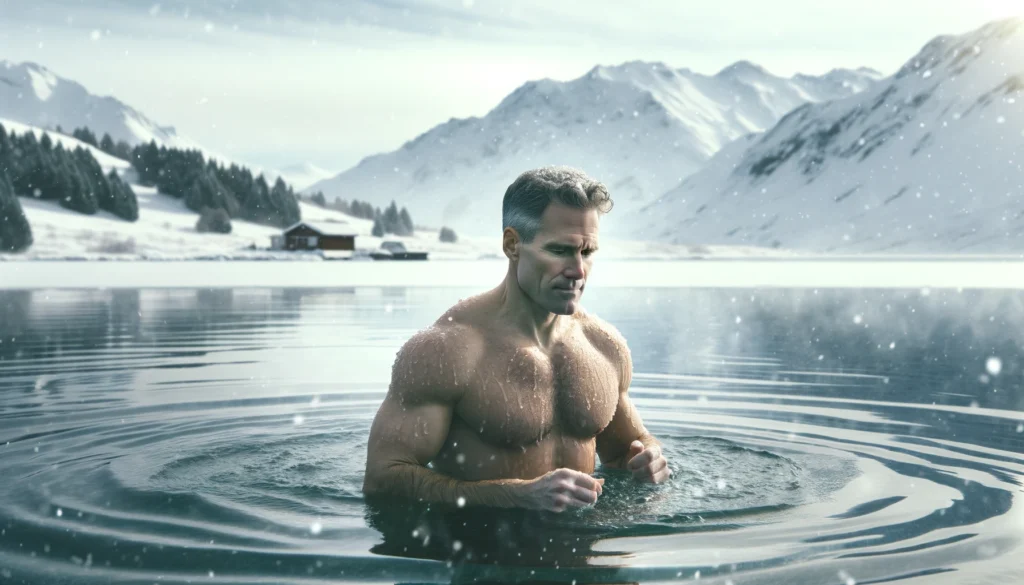 Man in cold water surrounded by snow and mountains | Cold Plunge Time and Temp | Tom Nikkola