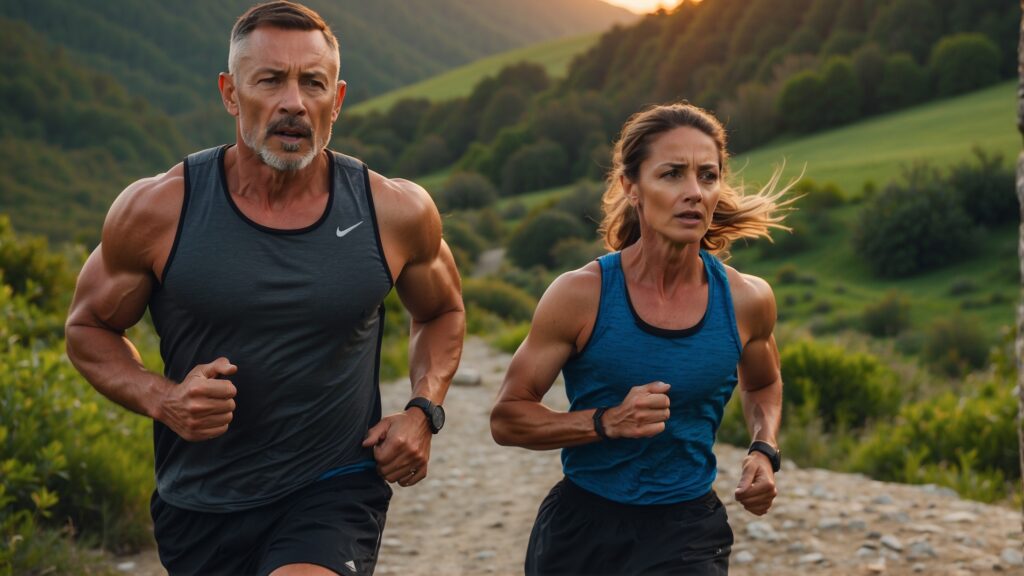 A fit and muscular man and woman running up a gravel trail. | Sensoril Ashwagandha | Tom Nikkola
