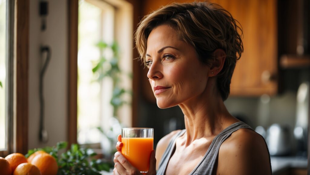 A short-haired woman holding an orange beverage looking out her window.