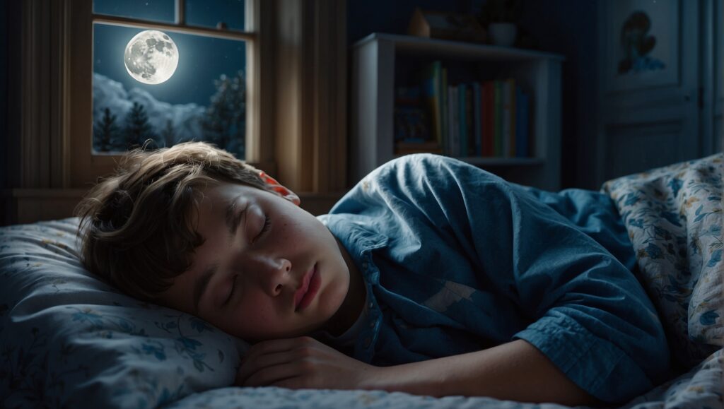 A teenage boy sleeping soundly as moonlight shines through his bedroom window. | Kids Melatonin Safety - Important Considerations for Parents | Tom Nikkola